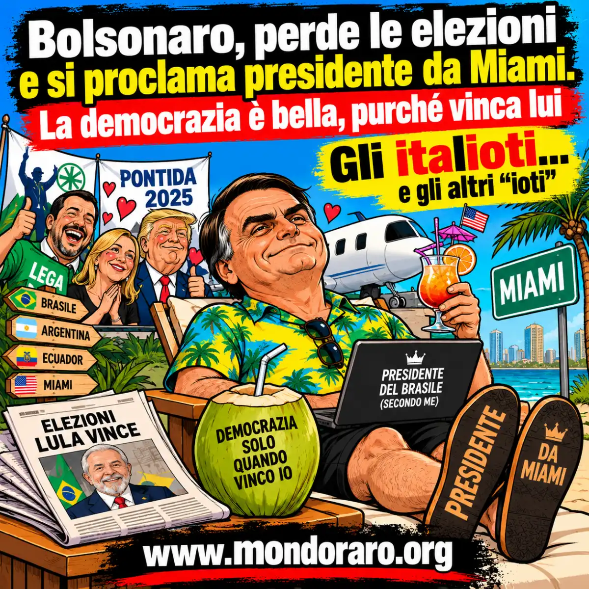 Bolsonaro, perde le elezioni e si proclama presidente da Miami. La democrazia è bella, purché vinca lui
